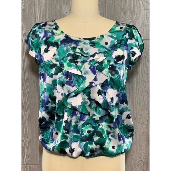 LOFT Blue & Green Floral Watercolor Blouse SP - Picture 1 of 4